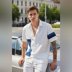 IKE BEHAR White/Blue Short Sleeve Camp Rockabilly Shirt Medium NWT Retro Style